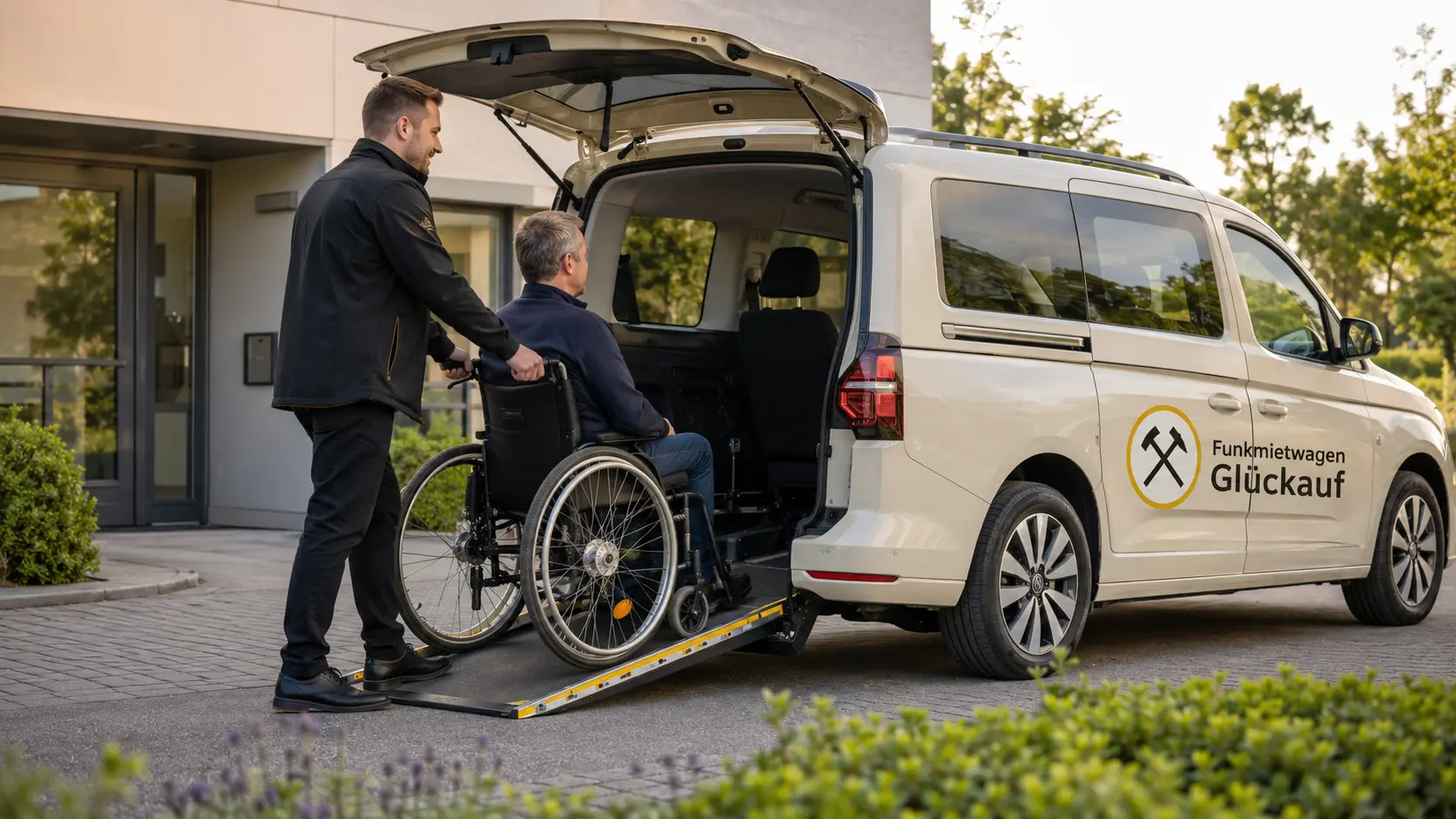 Ein Rollstuhlfahrgast wird über eine Rampe in ein Fahrzeug begleitet